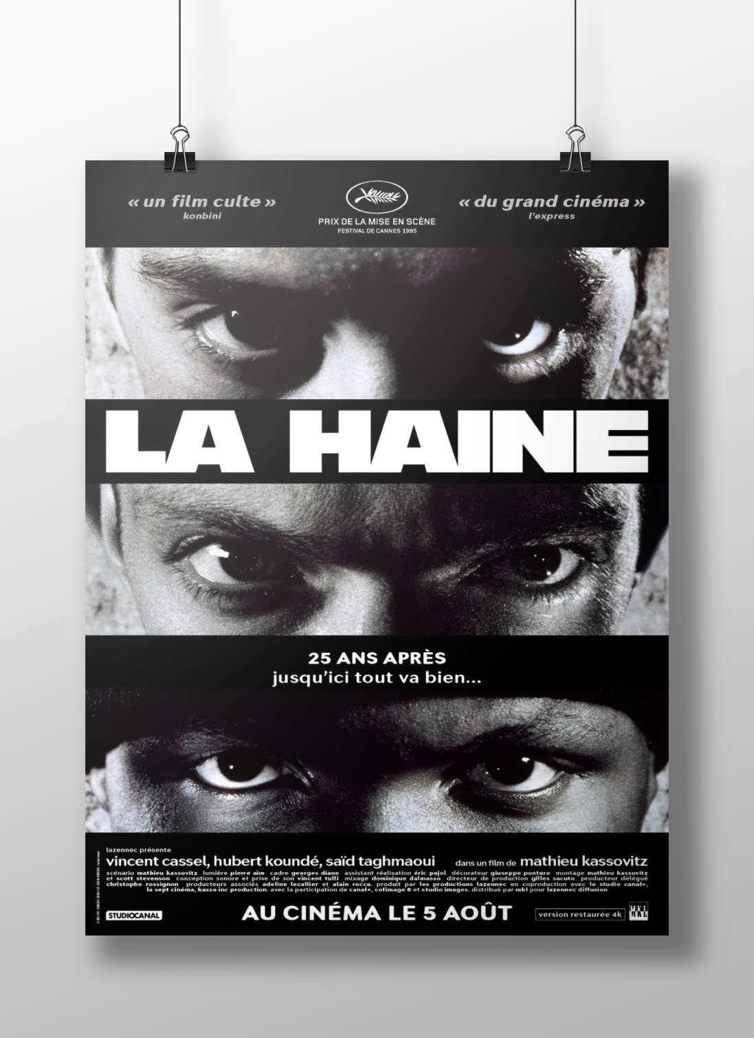 The film "La Haine" (1995), directed by Mathieu Kassovitz, starring Vincent Cassel, Hubert Koundé, and Saïd Taghmaoui. Main