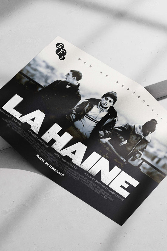 French film "La Haine" (1995) starring Vincent Cassel, Hubert Koundé, and Saïd Taghmaoui Main Subject: French film "La