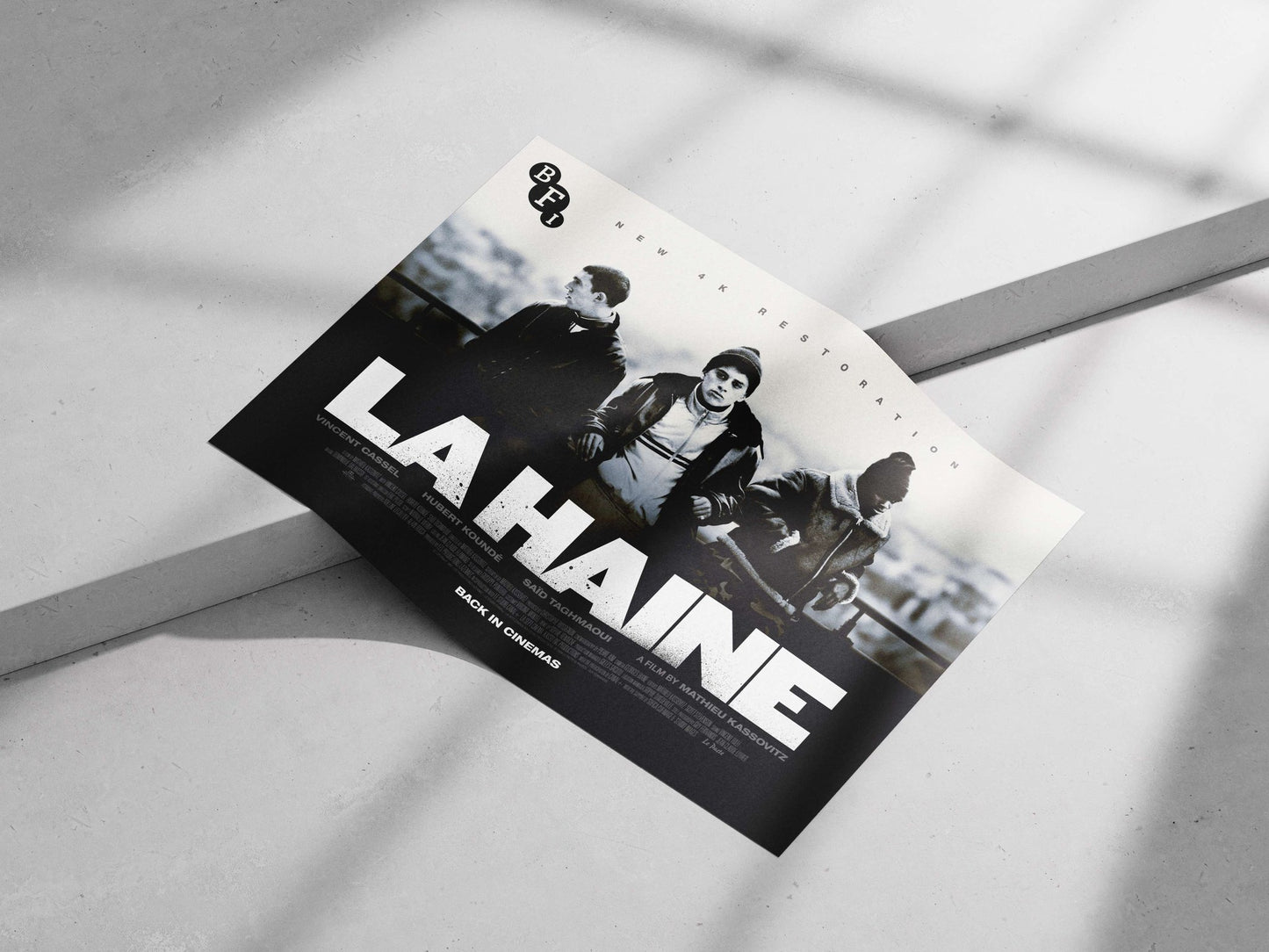 French film "La Haine" (1995) starring Vincent Cassel, Hubert Koundé, and Saïd Taghmaoui Main Subject: French film "La
