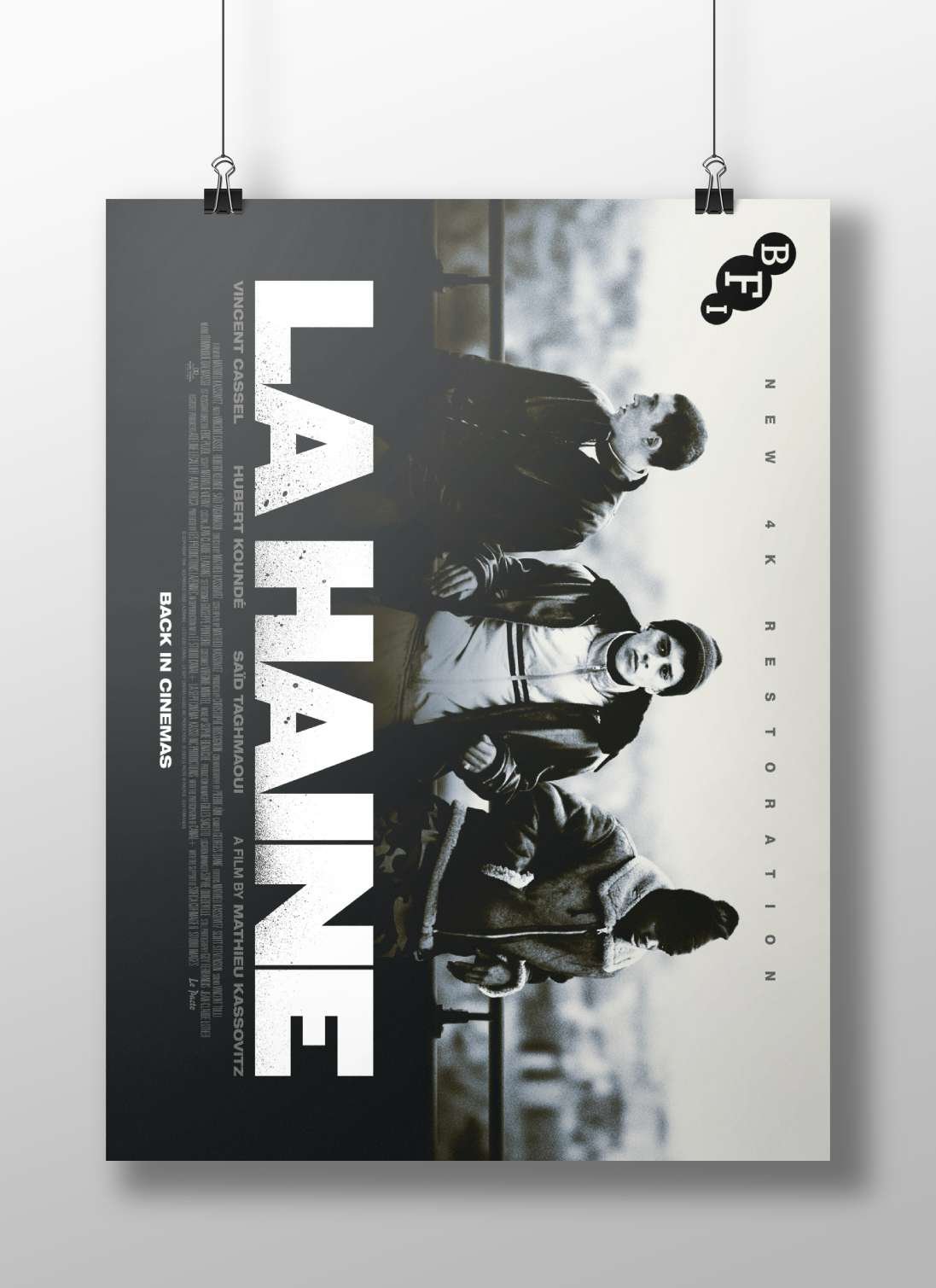 French film "La Haine" (1995) starring Vincent Cassel, Hubert Koundé, and Saïd Taghmaoui Main Subject: French film "La