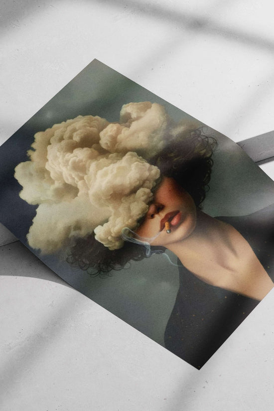 A woman smoking a cigarette with smoke clouds covering her face Main Subject: A woman smoking a cigarette with smoke clouds