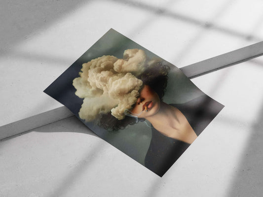 A woman smoking a cigarette with smoke clouds covering her face Main Subject: A woman smoking a cigarette with smoke clouds