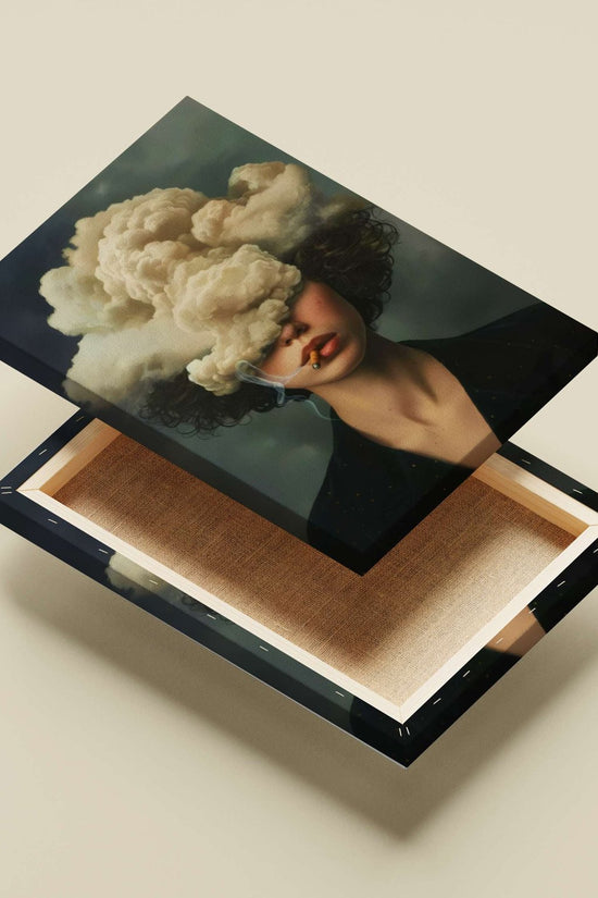A woman smoking a cigarette with smoke clouds covering her face Main Subject: A woman smoking a cigarette with smoke clouds