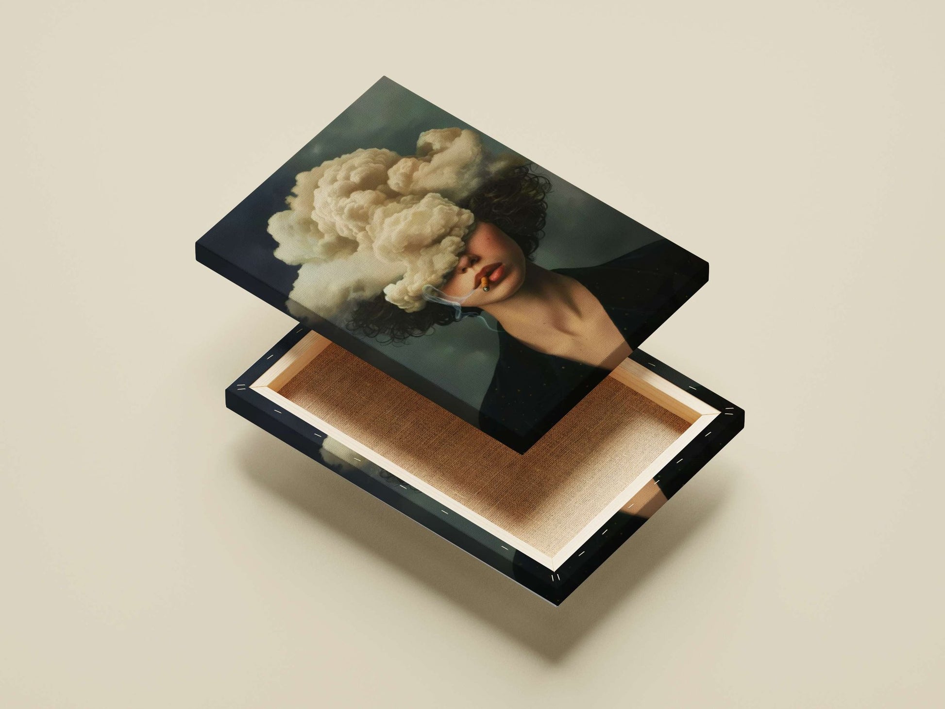 A woman smoking a cigarette with smoke clouds covering her face Main Subject: A woman smoking a cigarette with smoke clouds