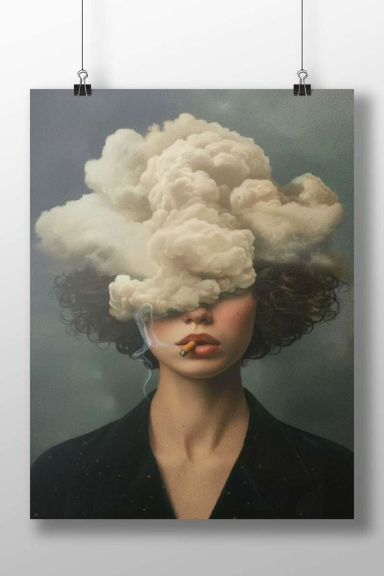 A woman smoking a cigarette with smoke clouds covering her face Main Subject: A woman smoking a cigarette with smoke clouds