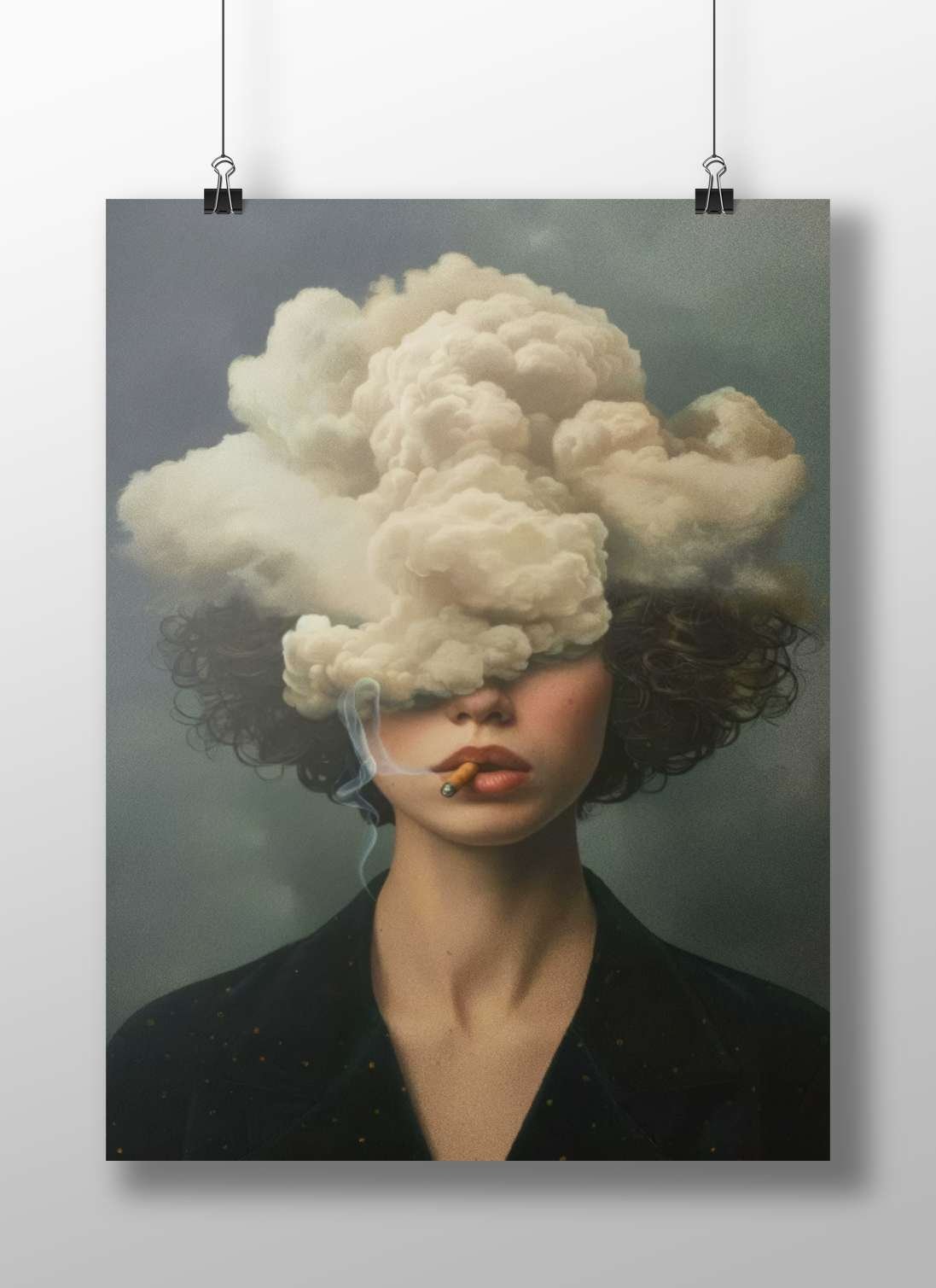 A woman smoking a cigarette with smoke clouds covering her face Main Subject: A woman smoking a cigarette with smoke clouds