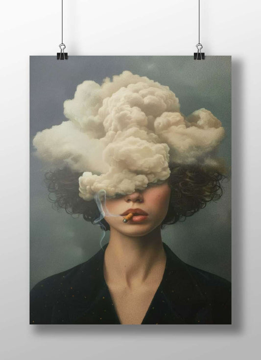 A woman smoking a cigarette with smoke clouds covering her face Main Subject: A woman smoking a cigarette with smoke clouds