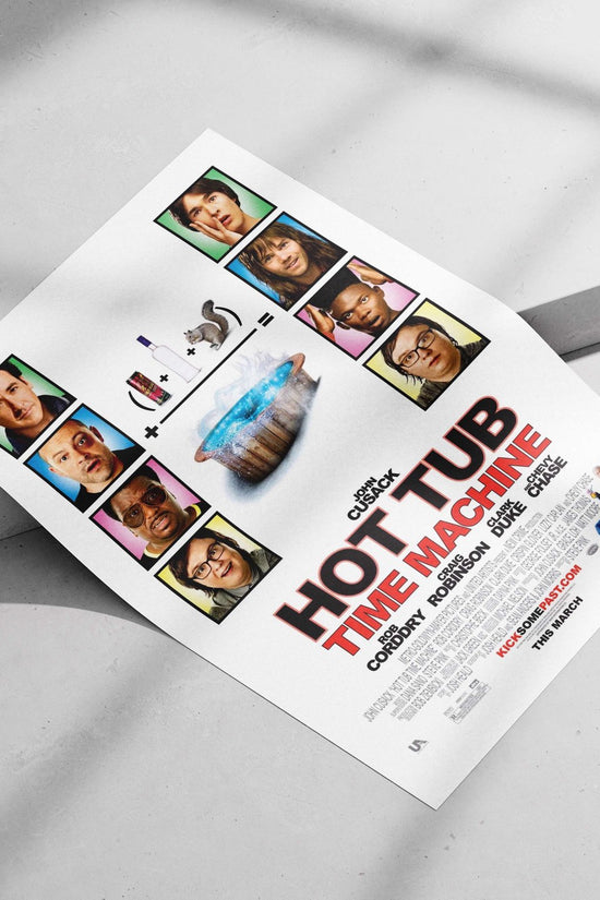 The movie "Hot Tub Time Machine" featuring actors John Cusack, Rob Corddry, Craig Robinson, Clark Duke, and Chevy Chase.