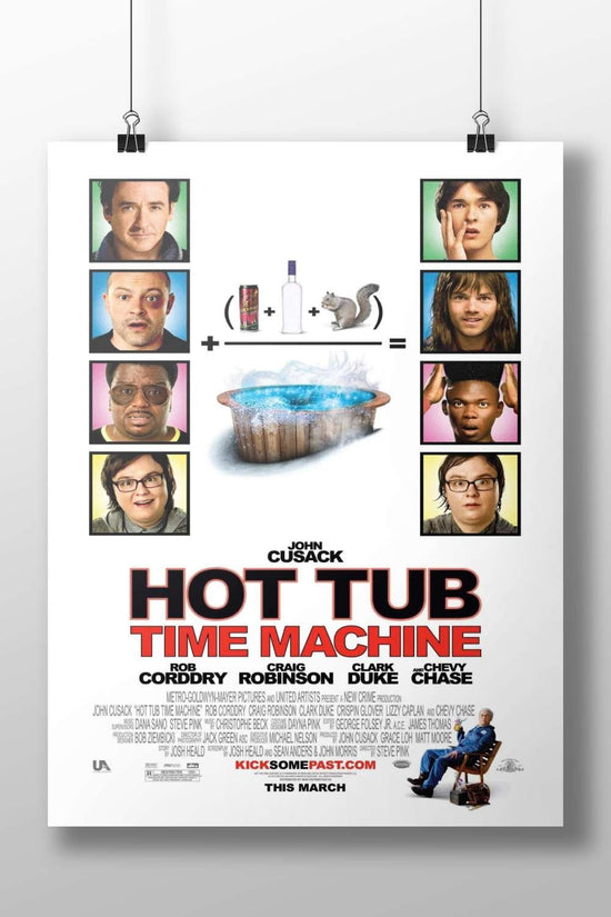 The movie "Hot Tub Time Machine" featuring actors John Cusack, Rob Corddry, Craig Robinson, Clark Duke, and Chevy Chase.