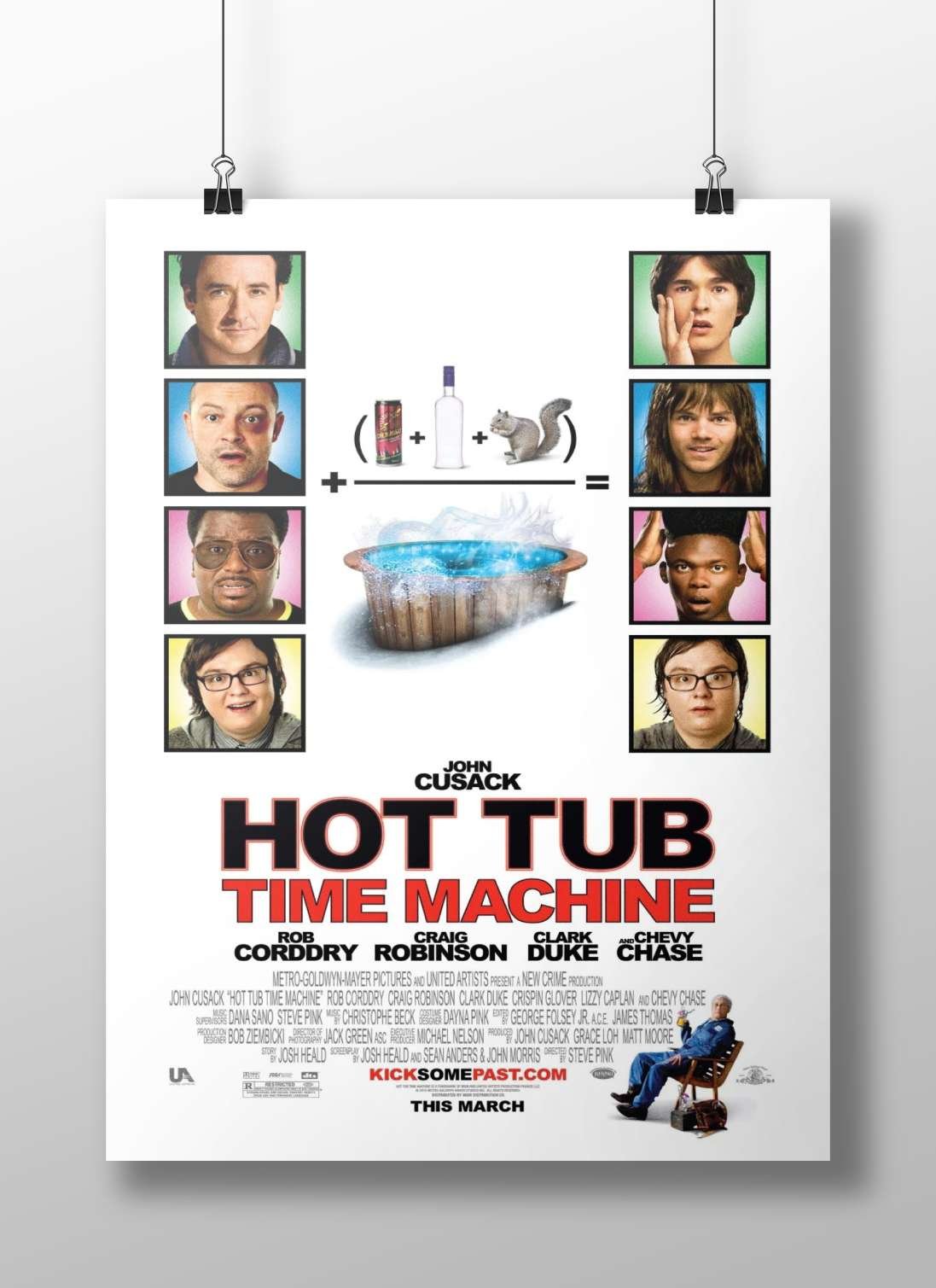 The movie "Hot Tub Time Machine" featuring actors John Cusack, Rob Corddry, Craig Robinson, Clark Duke, and Chevy Chase.