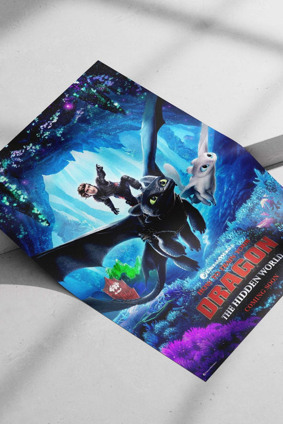 Hiccup, Toothless, and Light Fury from "How to Train Your Dragon: The Hidden World" (2019). Main Subject: Hiccup, Toothless,