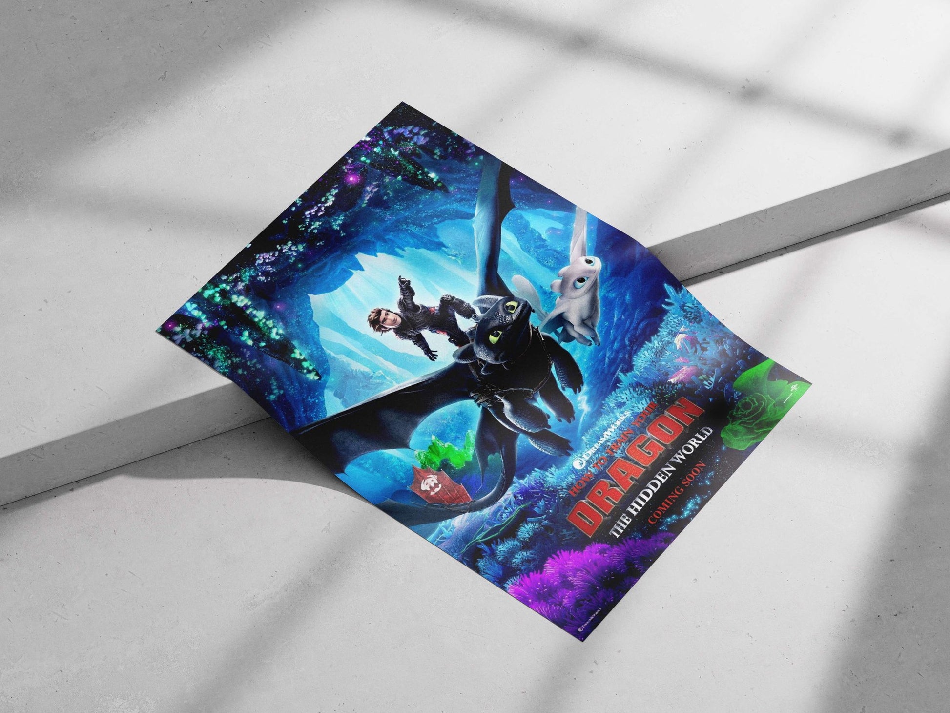 Hiccup, Toothless, and Light Fury from "How to Train Your Dragon: The Hidden World" (2019). Main Subject: Hiccup, Toothless,