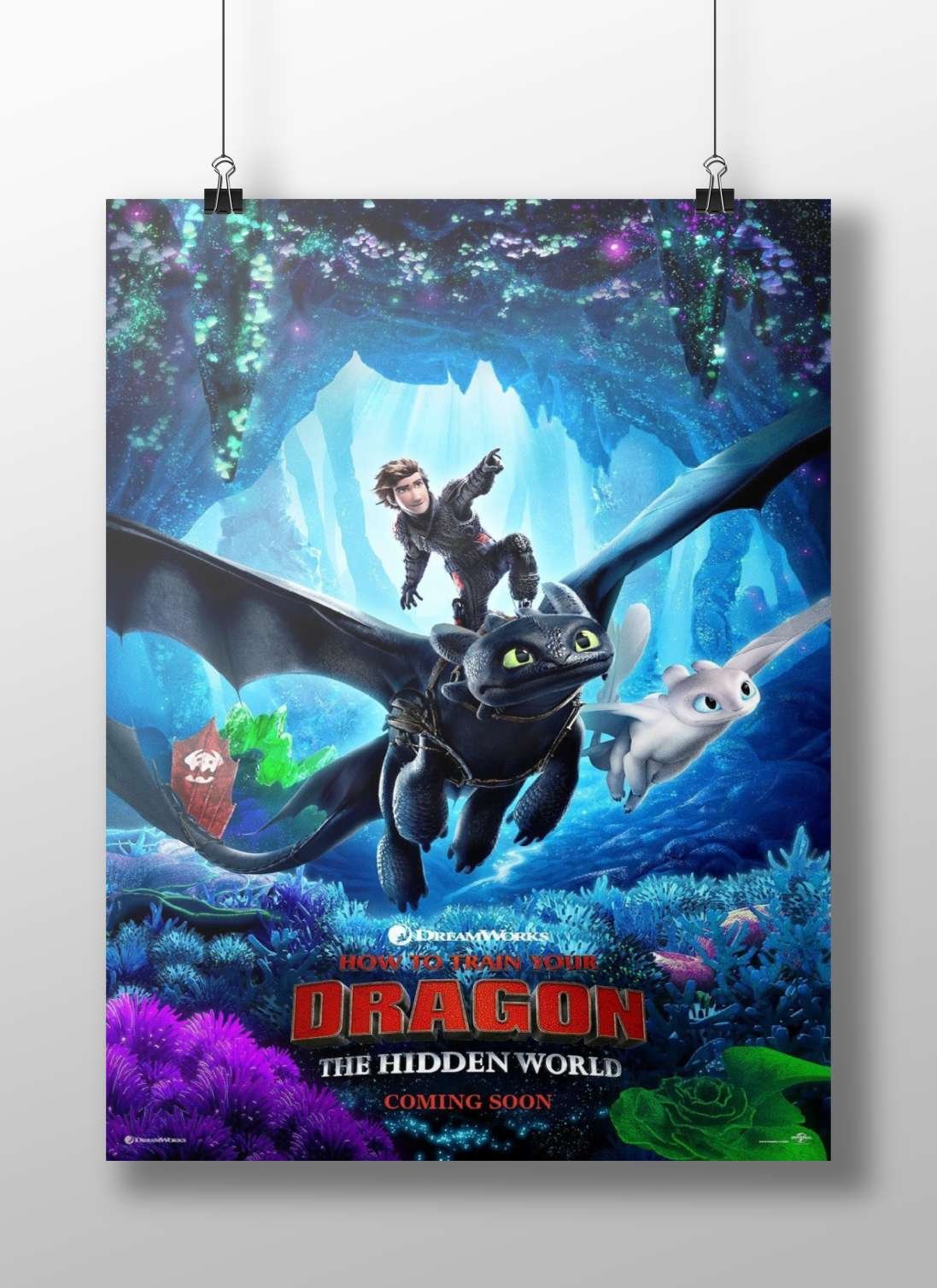 Hiccup, Toothless, and Light Fury from "How to Train Your Dragon: The Hidden World" (2019). Main Subject: Hiccup, Toothless,
