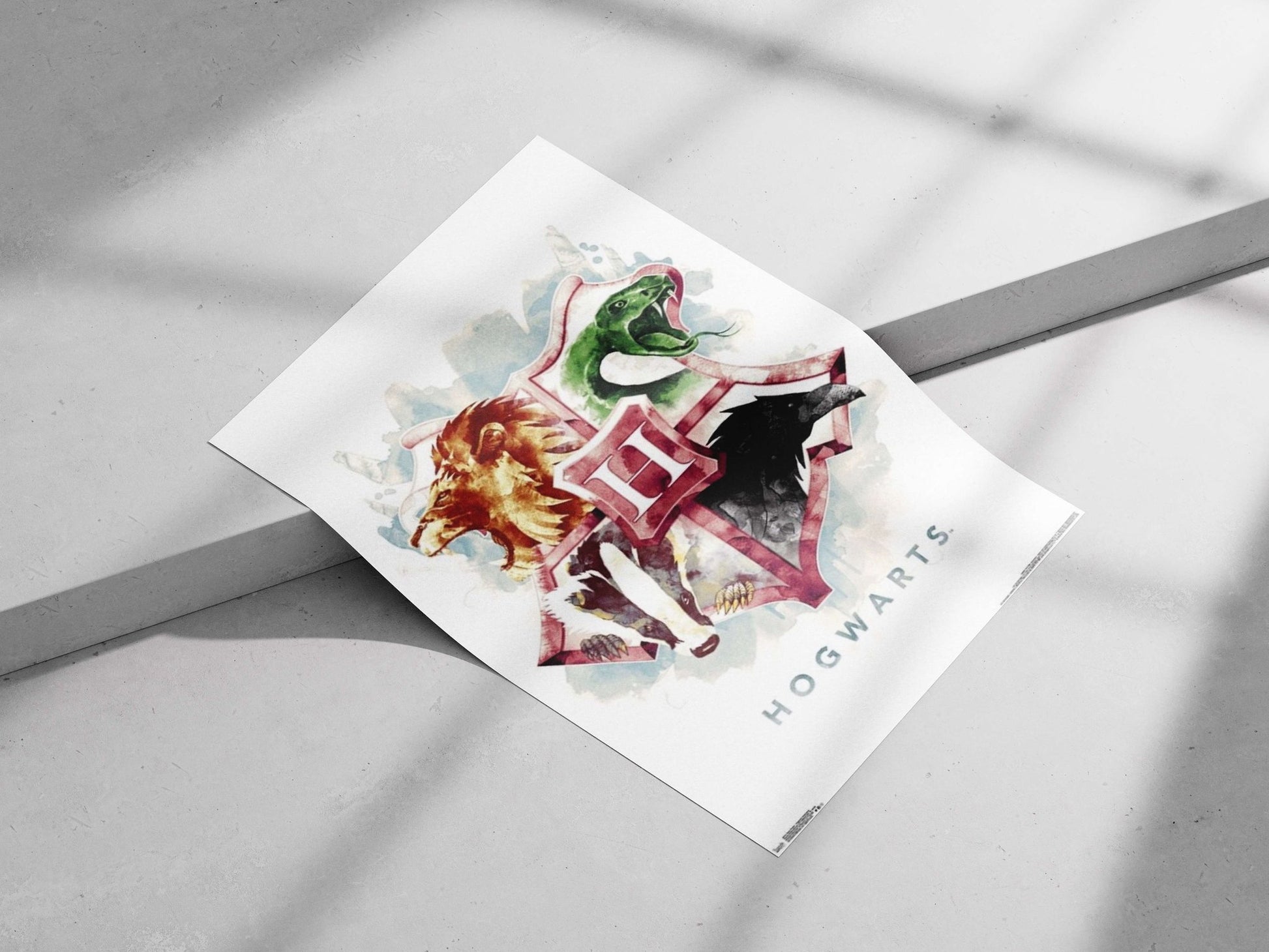 Hogwarts School crest (Gryffindor lion, Slytherin green serpent, Hufflepuff badger, Ravenclaw eagle) from the Harry Potter