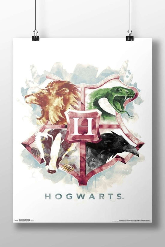 Hogwarts School crest (Gryffindor lion, Slytherin green serpent, Hufflepuff badger, Ravenclaw eagle) from the Harry Potter