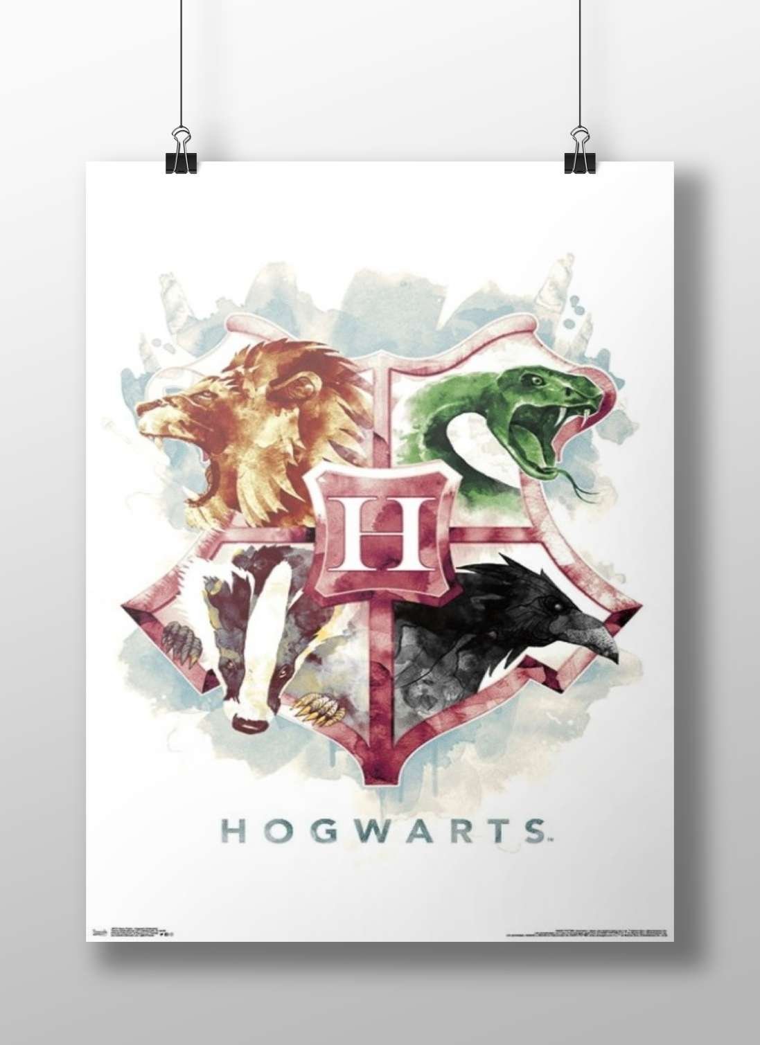 Hogwarts School crest (Gryffindor lion, Slytherin green serpent, Hufflepuff badger, Ravenclaw eagle) from the Harry Potter