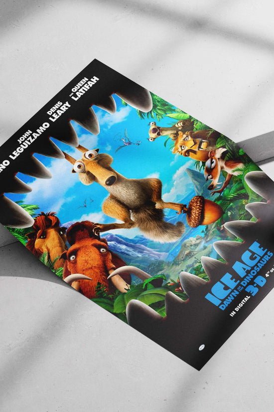 The "Ice Age" franchise's "Dawn of the Dinosaurs" movie poster with characters like Manny, Sid, and Diego. Main Subject: The
