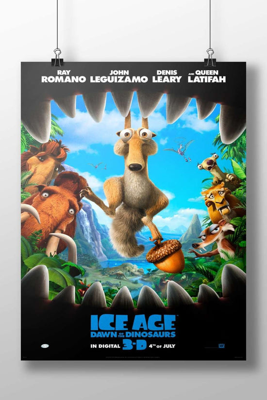 The "Ice Age" franchise's "Dawn of the Dinosaurs" movie poster with characters like Manny, Sid, and Diego. Main Subject: The
