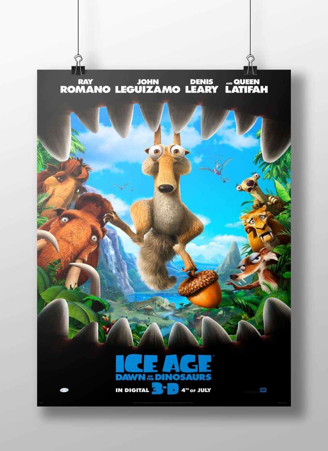The "Ice Age" franchise's "Dawn of the Dinosaurs" movie poster with characters like Manny, Sid, and Diego. Main Subject: The