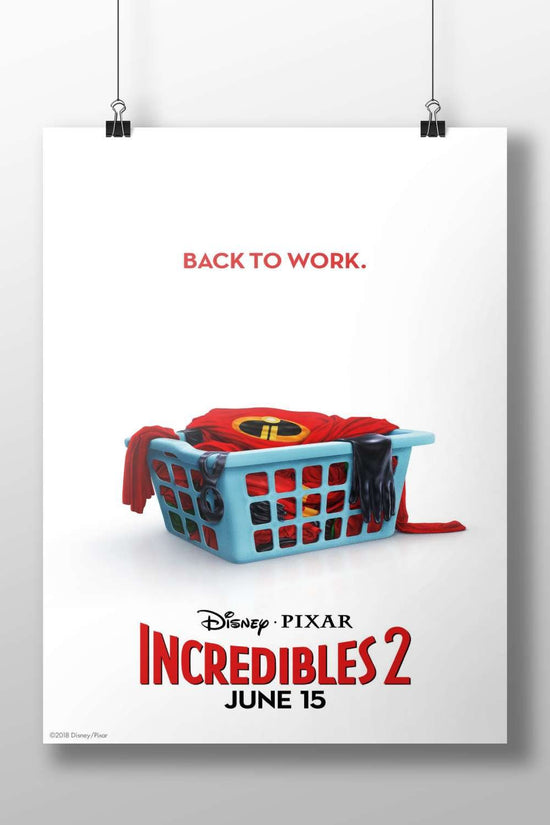 Incredibles 2 superhero costume (Mr. Incredible’s red suit with the "I" logo) in a laundry basket Main Subject: Incredibles