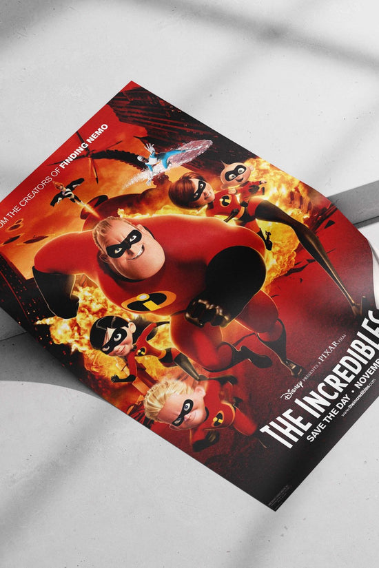The Incredibles (franchise) featuring characters Mr. Incredible, Elastigirl, Dash, Violet, and Jack-Jack. Main Subject: The