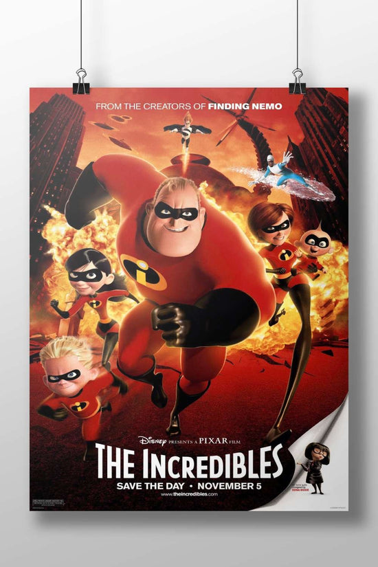 The Incredibles (franchise) featuring characters Mr. Incredible, Elastigirl, Dash, Violet, and Jack-Jack. Main Subject: The