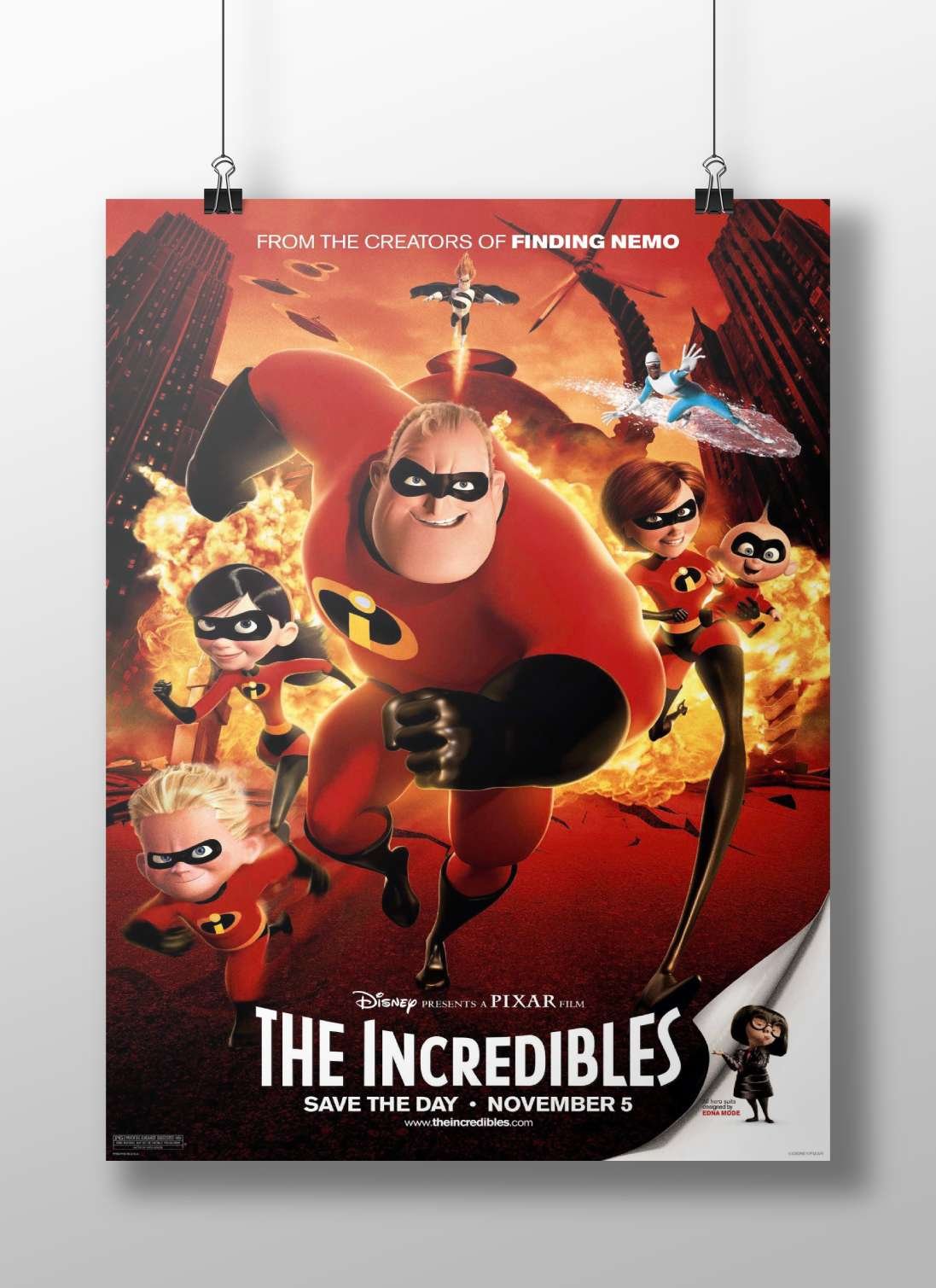 The Incredibles (franchise) featuring characters Mr. Incredible, Elastigirl, Dash, Violet, and Jack-Jack. Main Subject: The