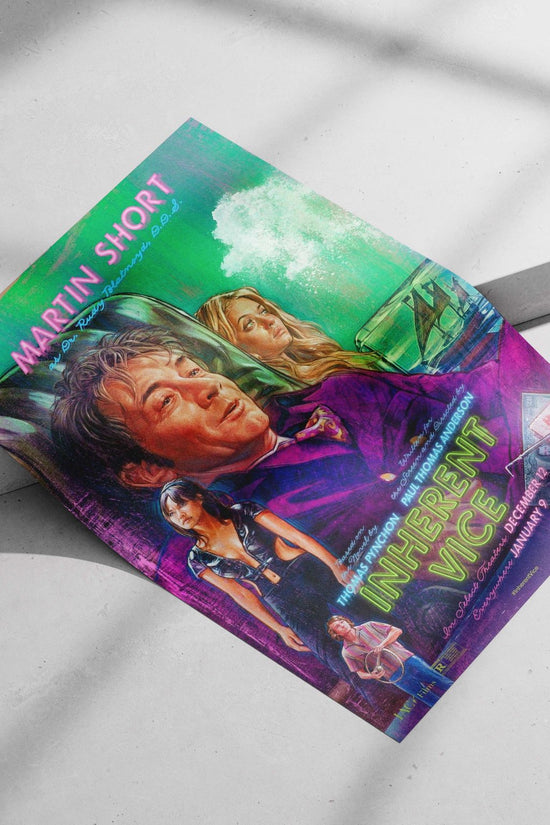 The movie poster for "Inherent Vice" (2014), based on Thomas Pynchon's novel, starring Martin Short as Dr. Rudy Blatnoyd.