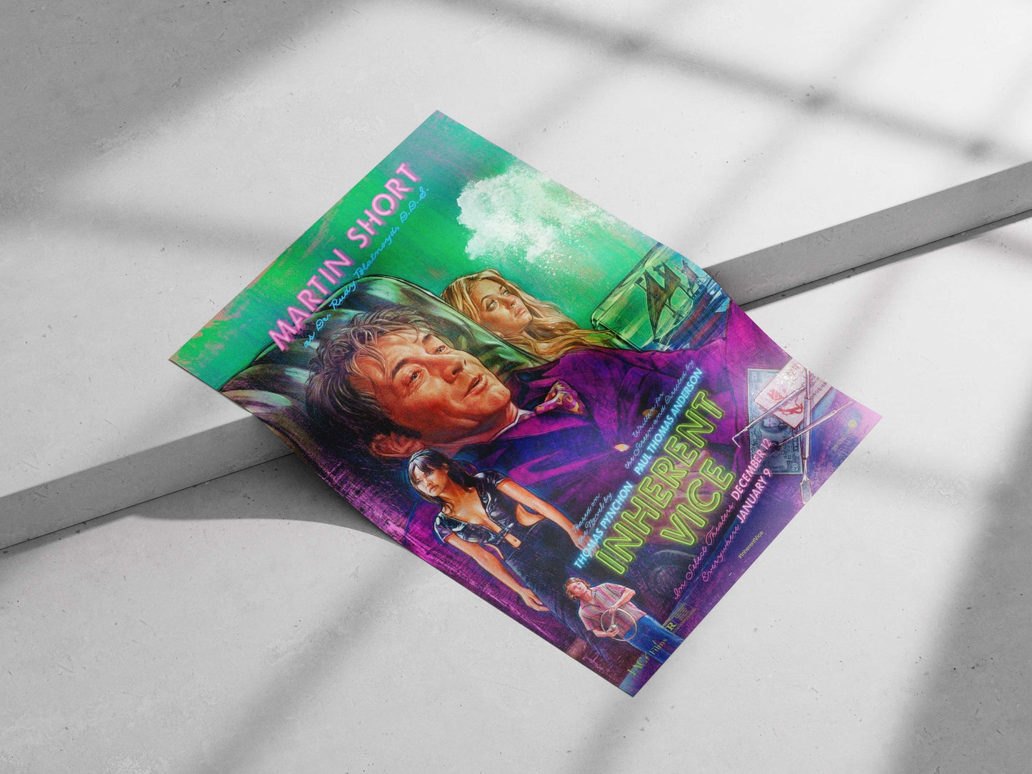 The movie poster for "Inherent Vice" (2014), based on Thomas Pynchon's novel, starring Martin Short as Dr. Rudy Blatnoyd.