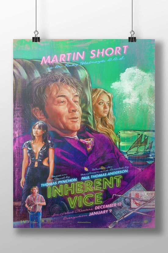 The movie poster for "Inherent Vice" (2014), based on Thomas Pynchon's novel, starring Martin Short as Dr. Rudy Blatnoyd.