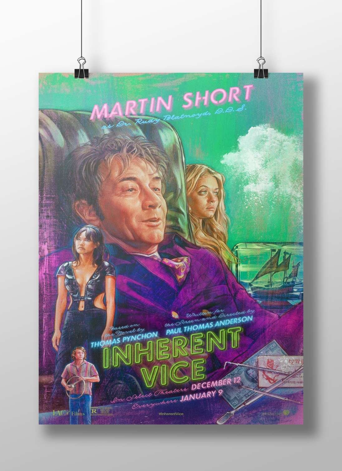 The movie poster for "Inherent Vice" (2014), based on Thomas Pynchon's novel, starring Martin Short as Dr. Rudy Blatnoyd.
