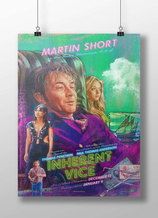The movie poster for "Inherent Vice" (2014), based on Thomas Pynchon's novel, starring Martin Short as Dr. Rudy Blatnoyd.