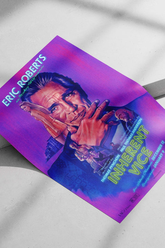 The movie poster for "Inherent Vice" (2014), starring Eric Roberts as Mickey Wolfmann, based on Thomas Pynchon's novel,