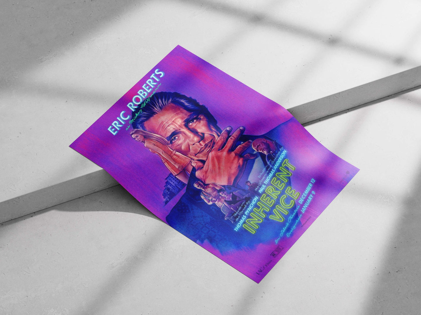 The movie poster for "Inherent Vice" (2014), starring Eric Roberts as Mickey Wolfmann, based on Thomas Pynchon's novel,