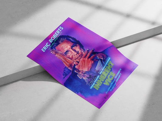 The movie poster for "Inherent Vice" (2014), starring Eric Roberts as Mickey Wolfmann, based on Thomas Pynchon's novel,