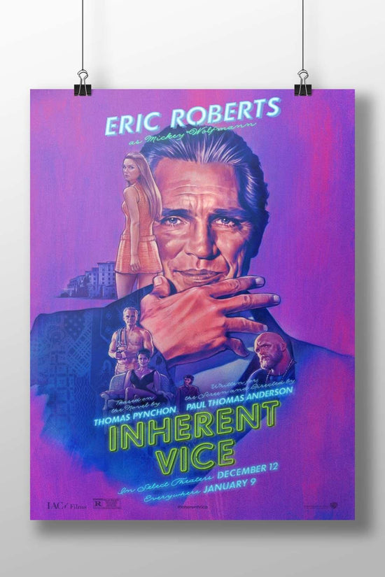 The movie poster for "Inherent Vice" (2014), starring Eric Roberts as Mickey Wolfmann, based on Thomas Pynchon's novel,