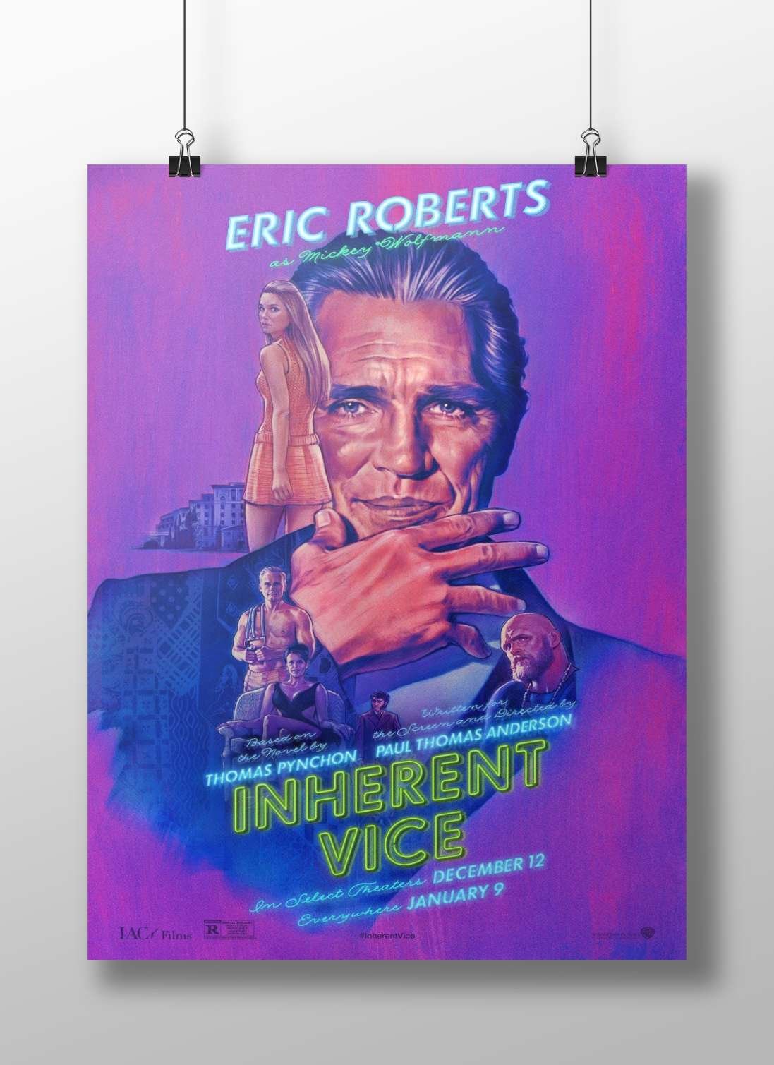 The movie poster for "Inherent Vice" (2014), starring Eric Roberts as Mickey Wolfmann, based on Thomas Pynchon's novel,