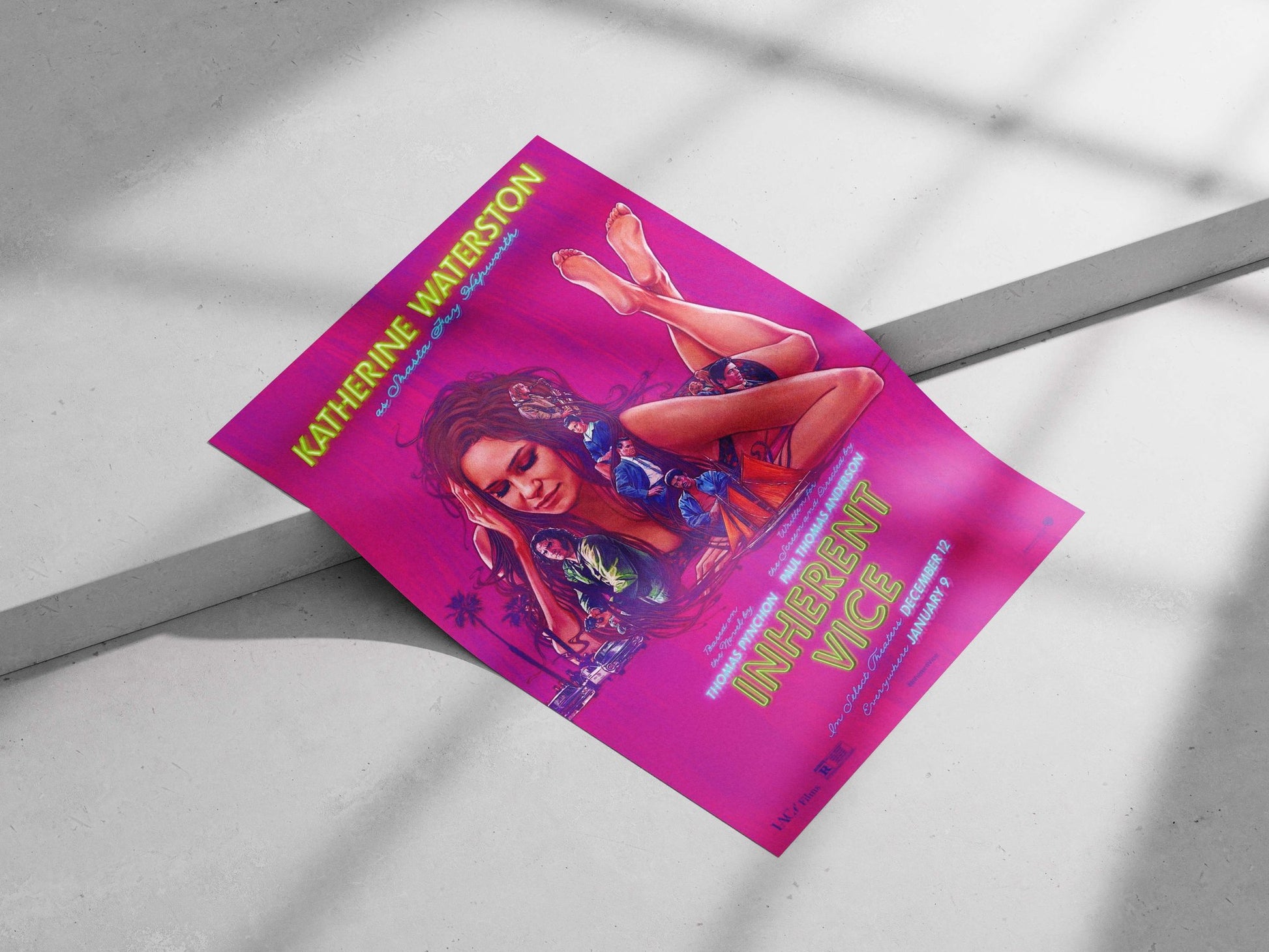 The film poster for "Inherent Vice" starring Katherine Waterston as Shasta Jay Hepworth. Main Subject: The film poster for