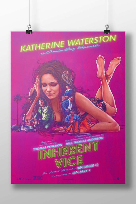 The film poster for "Inherent Vice" starring Katherine Waterston as Shasta Jay Hepworth. Main Subject: The film poster for