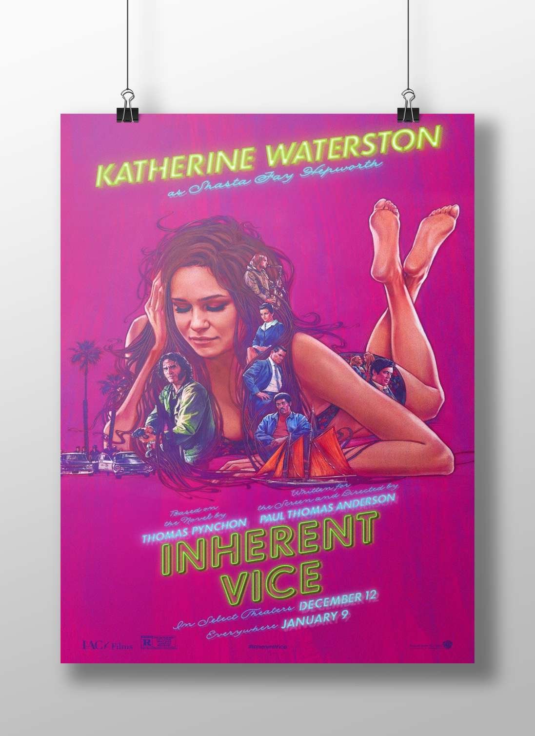 The film poster for "Inherent Vice" starring Katherine Waterston as Shasta Jay Hepworth. Main Subject: The film poster for