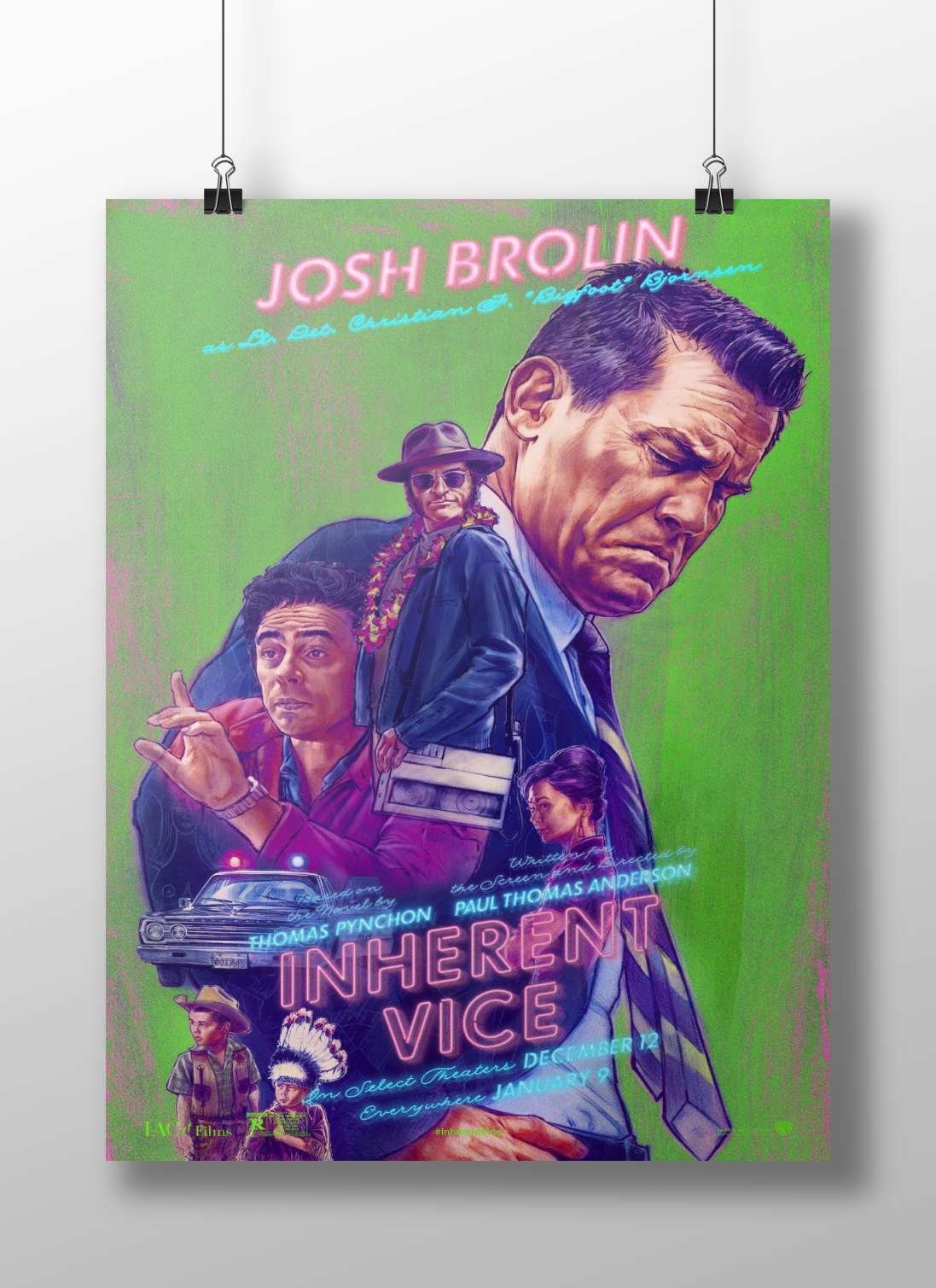 Inherent Vice (film) featuring Josh Brolin as Lt. Det. Christian "Bigfoot" Bjornsen and a police car. Main Subject: Inherent