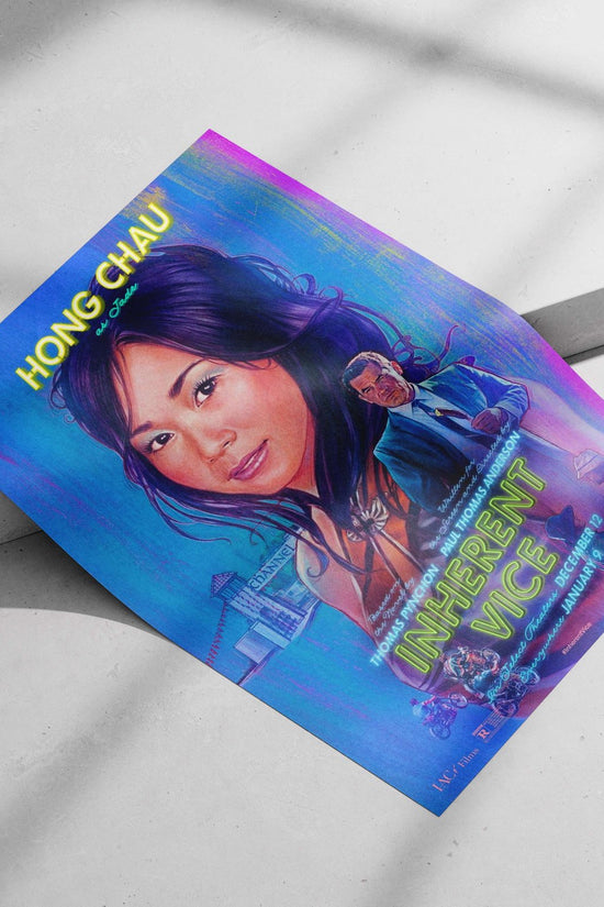 The movie poster for "Inherent Vice" (2014), featuring Hong Chau as Jade. Main Subject: The movie poster for "Inherent Vice"