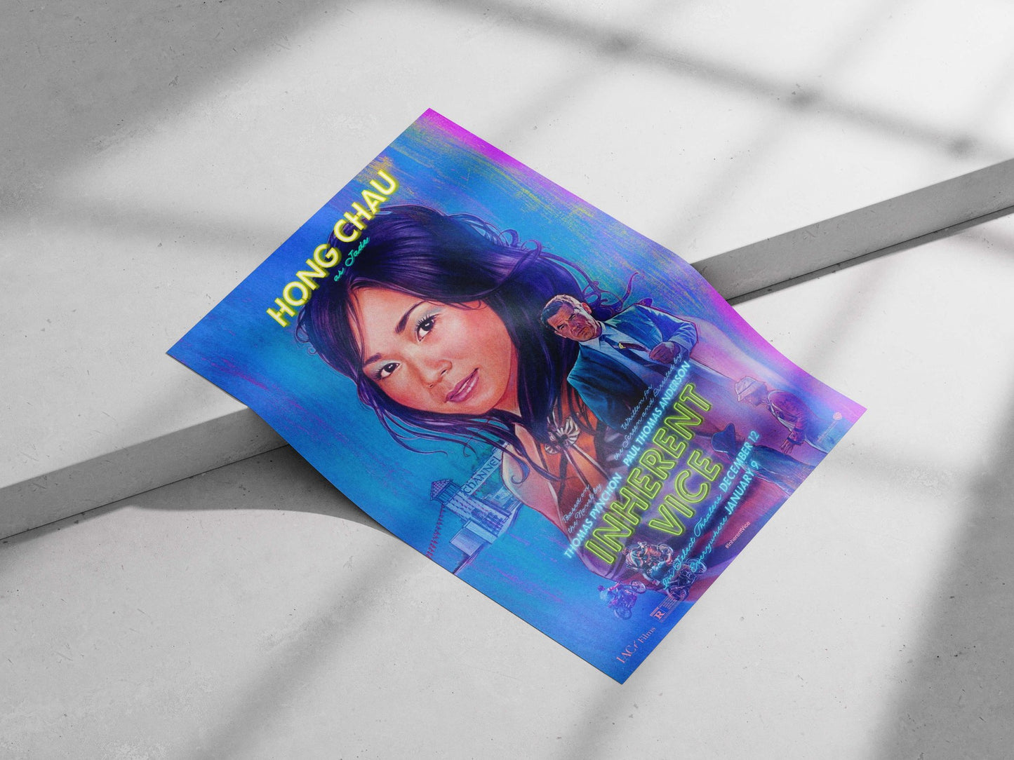 The movie poster for "Inherent Vice" (2014), featuring Hong Chau as Jade. Main Subject: The movie poster for "Inherent Vice"