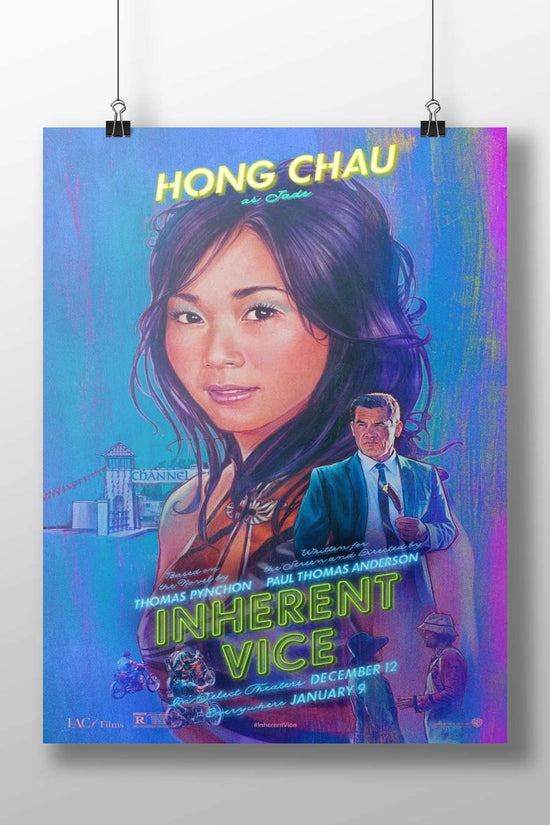 The movie poster for "Inherent Vice" (2014), featuring Hong Chau as Jade. Main Subject: The movie poster for "Inherent Vice"