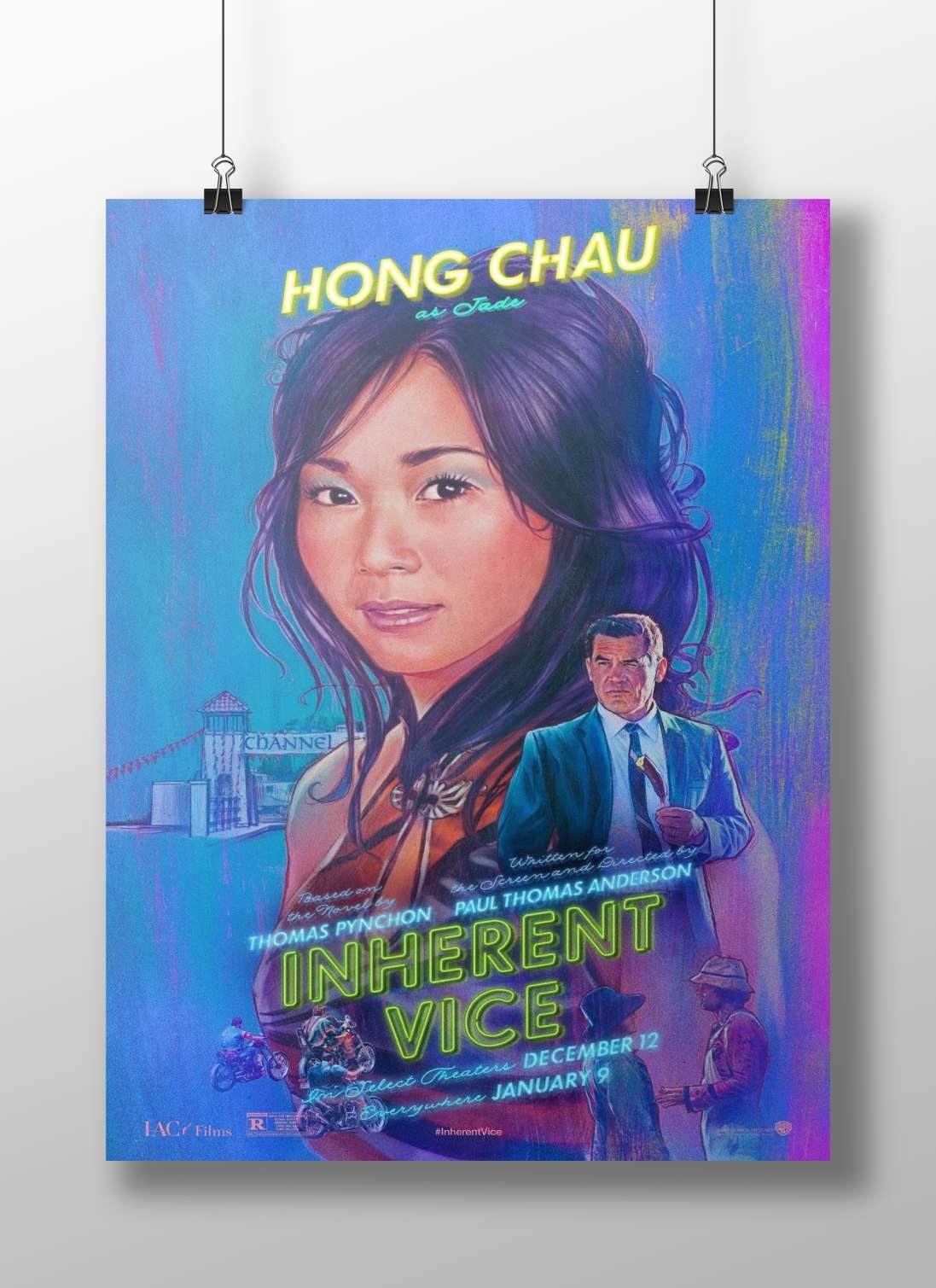 The movie poster for "Inherent Vice" (2014), featuring Hong Chau as Jade. Main Subject: The movie poster for "Inherent Vice"