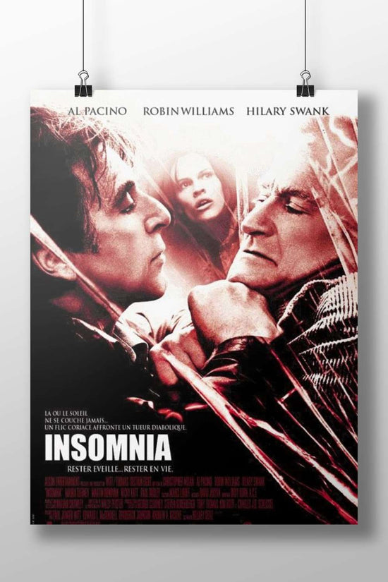 The movie poster for "Insomnia" starring Al Pacino, Robin Williams, and Hilary Swank. Main Subject: The movie poster for