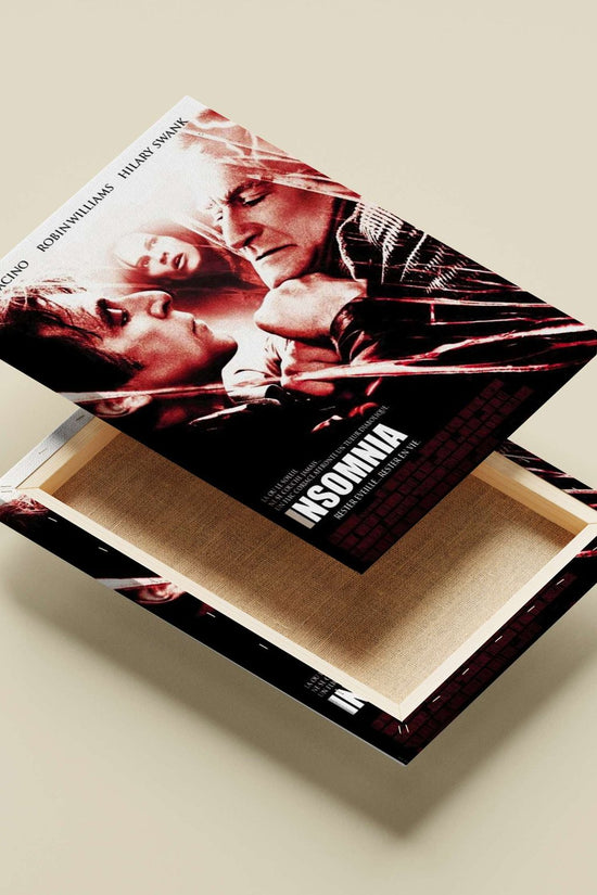 The movie poster for "Insomnia" starring Al Pacino, Robin Williams, and Hilary Swank. Main Subject: The movie poster for