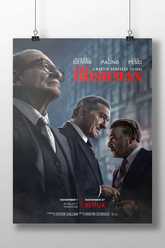 The movie poster for "The Irishman," starring Robert De Niro, Al Pacino, and Joe Pesci. Main Subject: The movie poster for
