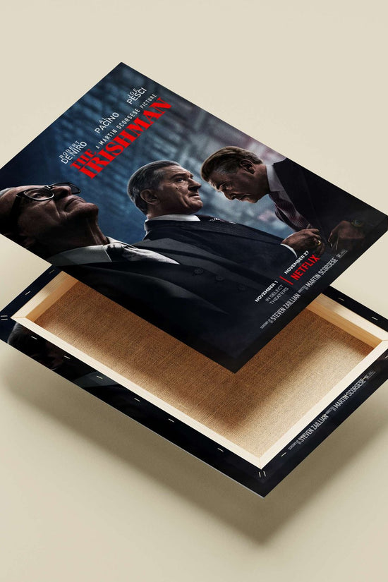 The movie poster for "The Irishman," starring Robert De Niro, Al Pacino, and Joe Pesci. Main Subject: The movie poster for