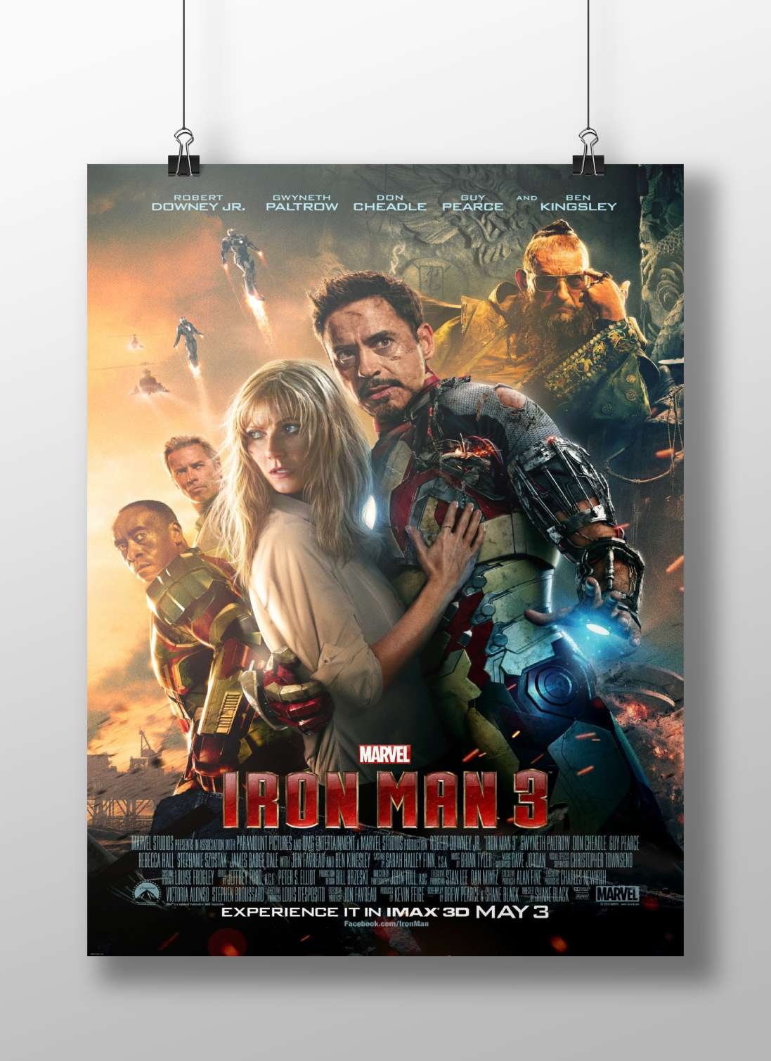 The cast of Marvel's Iron Man 3 (Robert Downey Jr., Gwyneth Paltrow, Don Cheadle, Guy Pearce, Ben Kingsley) Main Subject: